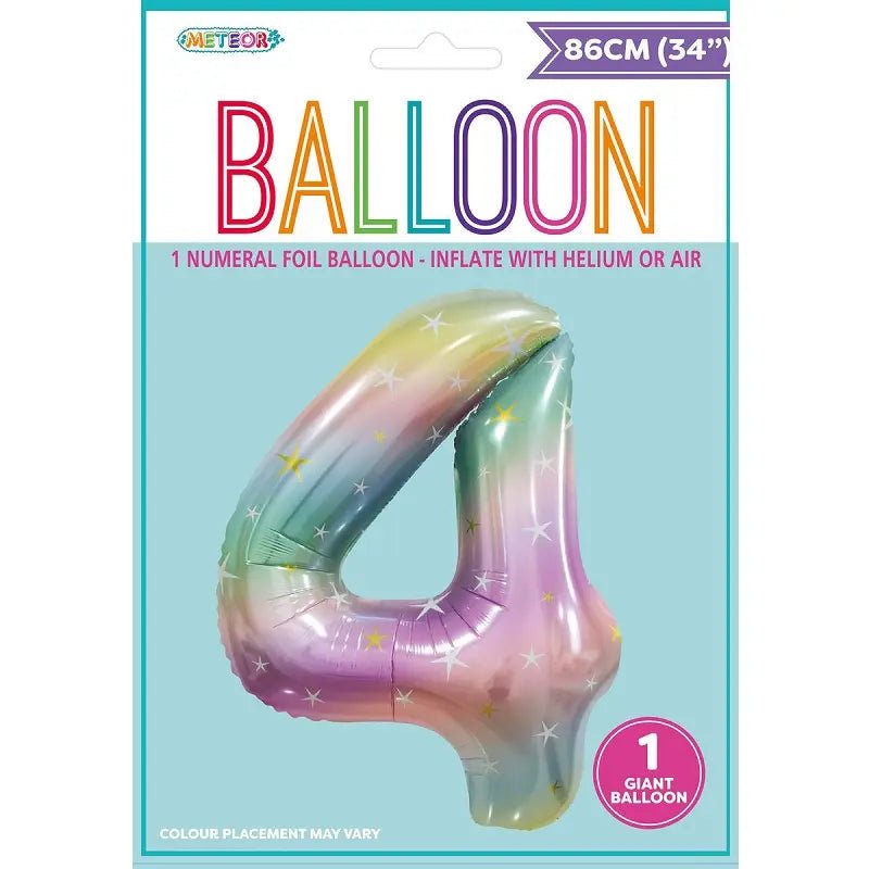 Pastel Rainbow Number 4 Giant Numeral Foil Balloon 86cm (34") - Party Owls