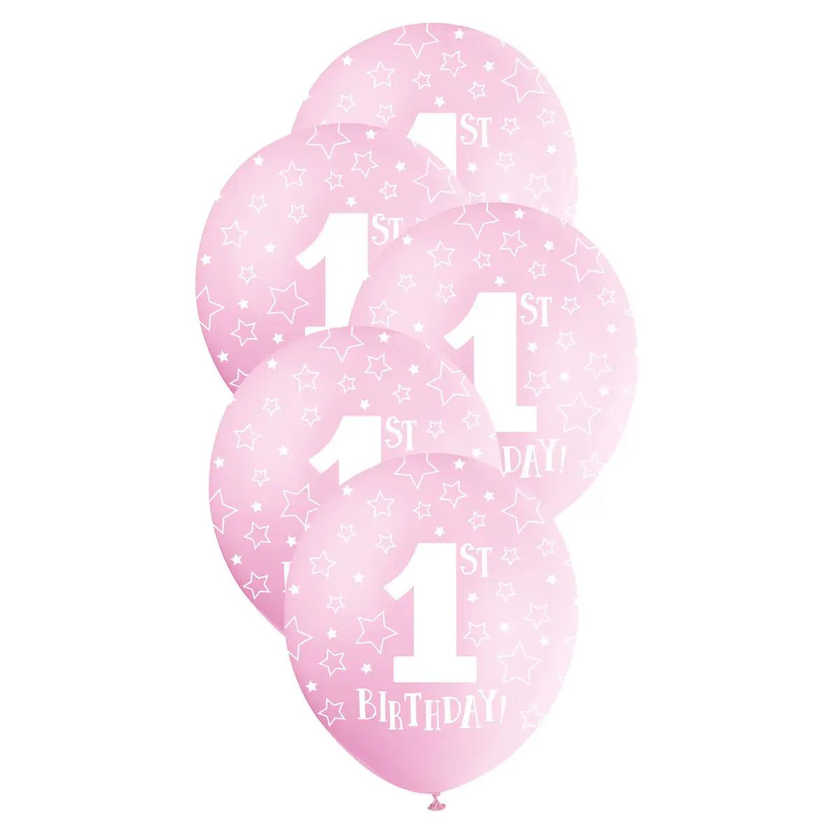 Pink 1st Birthday Stars Pearl Latex Balloons 30cm (12") 5pcs - Party Owls