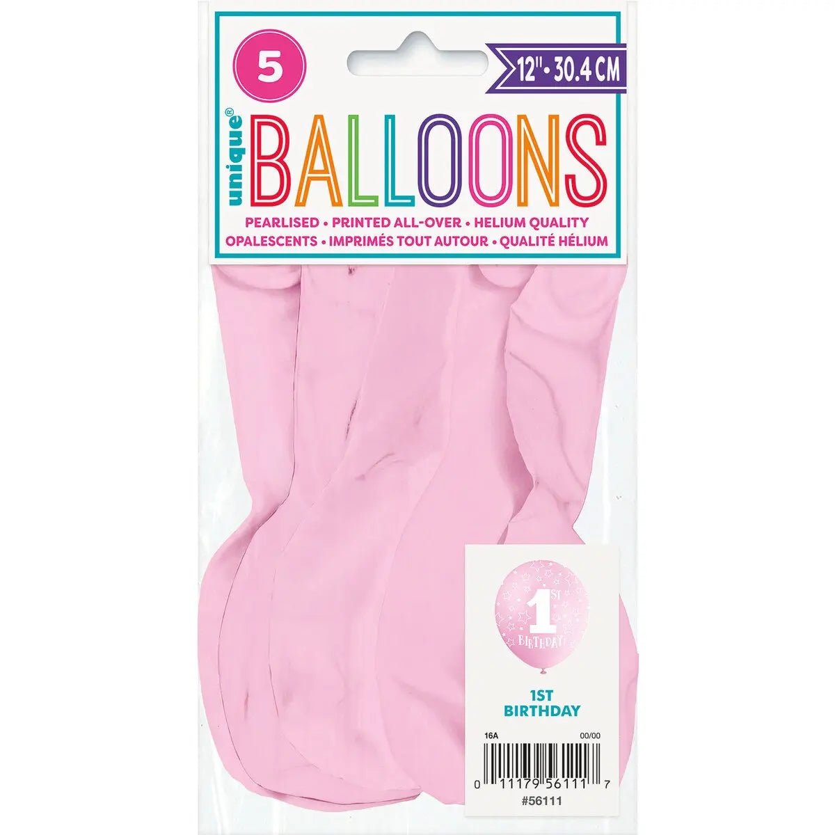 Pink 1st Birthday Stars Pearl Latex Balloons 30cm (12") 5pcs - Party Owls