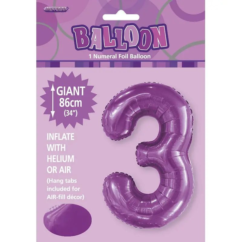 Pretty Purple Number "3" Giant Numeral Foil Balloon 86cm (34") - Party Owls