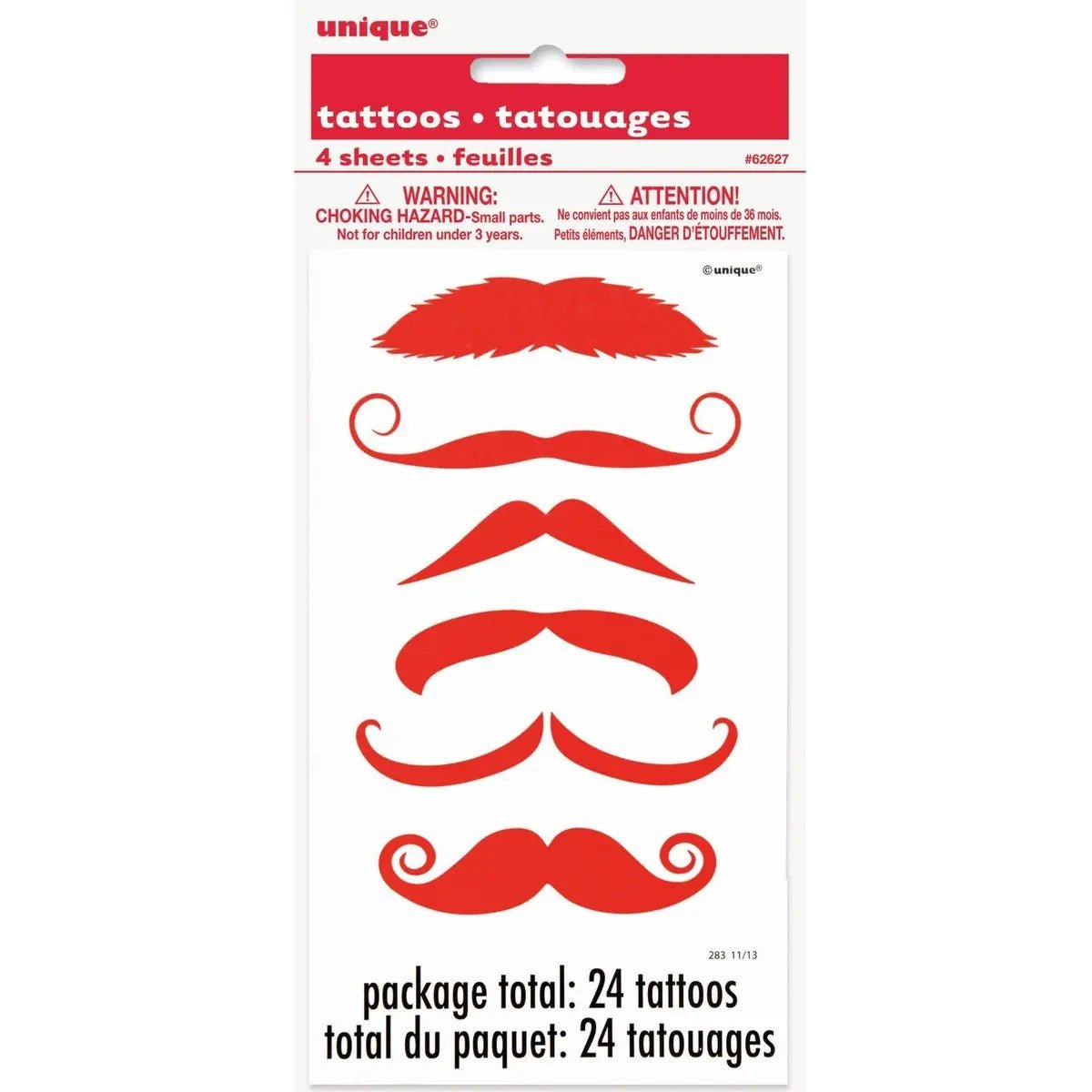 Red Moustache Fake Tattoos 24pcs (4 Sheets) - Party Owls