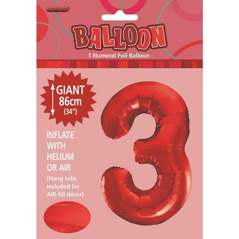 Red Number 3 Giant Numeral Foil Balloon 86cm (34") - Party Owls