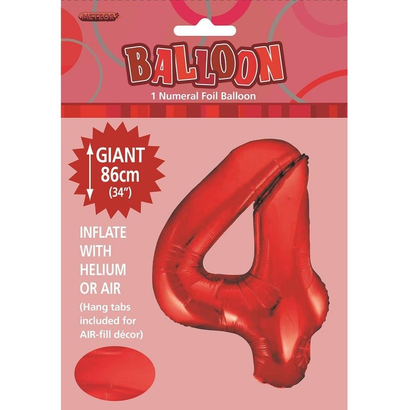 Red Number 4 Giant Numeral Foil Balloon 86cm (34") - Party Owls