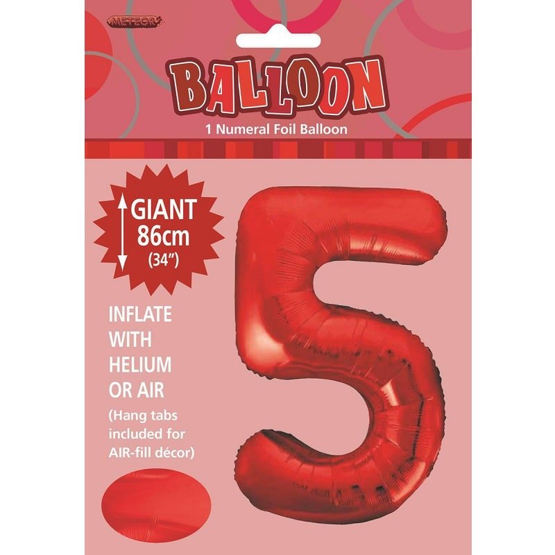 Red Number 5 Giant Numeral Foil Balloon 86cm (34") - Party Owls