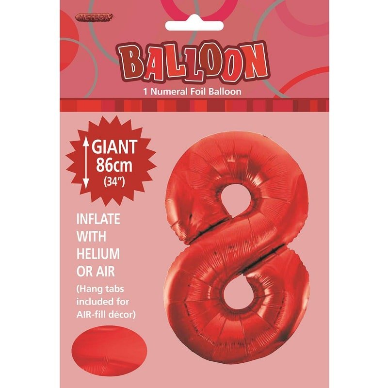Red Number 8 Giant Numeral Foil Balloon 86cm (34") - Party Owls
