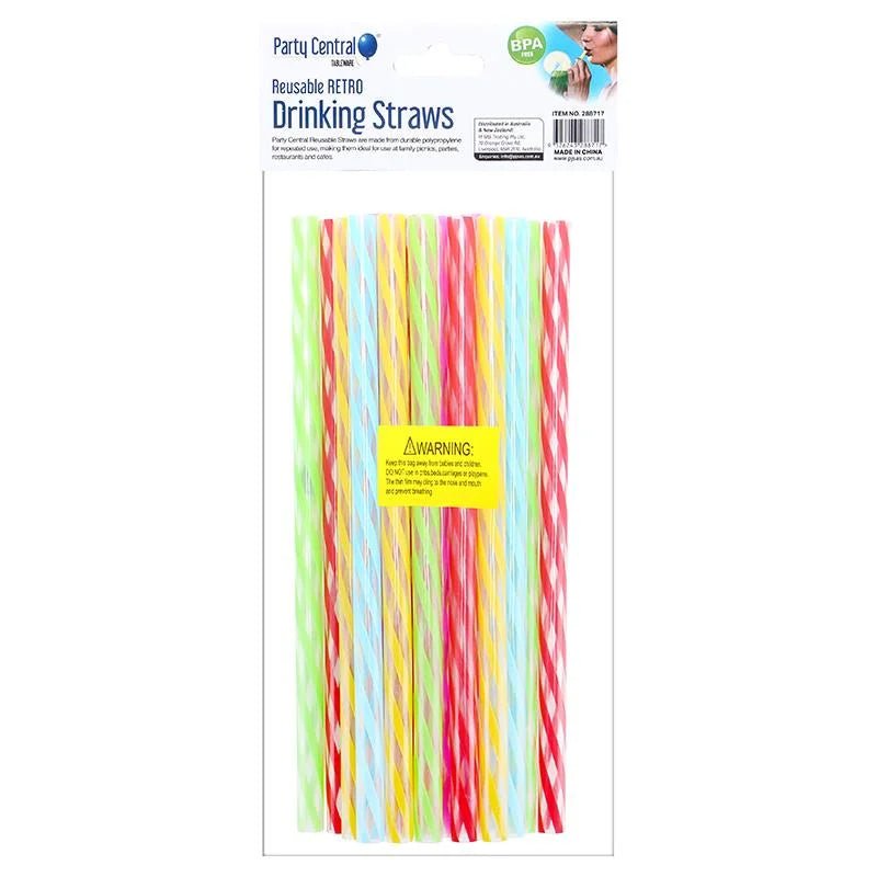 Reusable Retro Stripe Plastic Drinking Straws 20cm 20pcs - Party Owls
