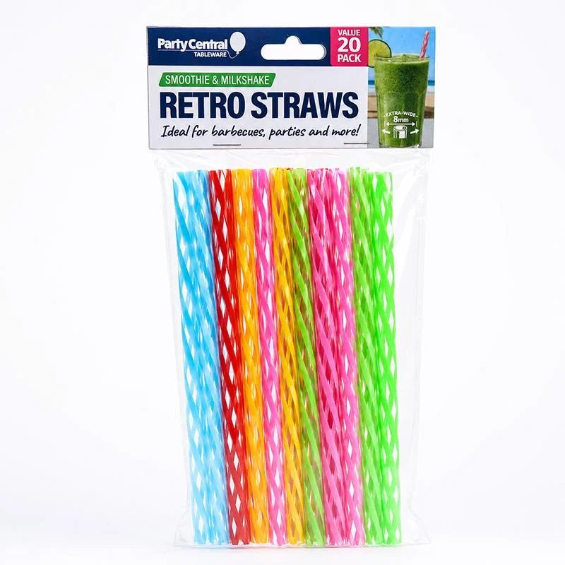 Reusable Retro Stripe Plastic Drinking Straws 20cm 20pcs - Party Owls