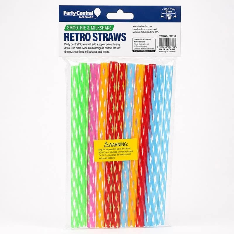 Reusable Retro Stripe Plastic Drinking Straws 20cm 20pcs - Party Owls