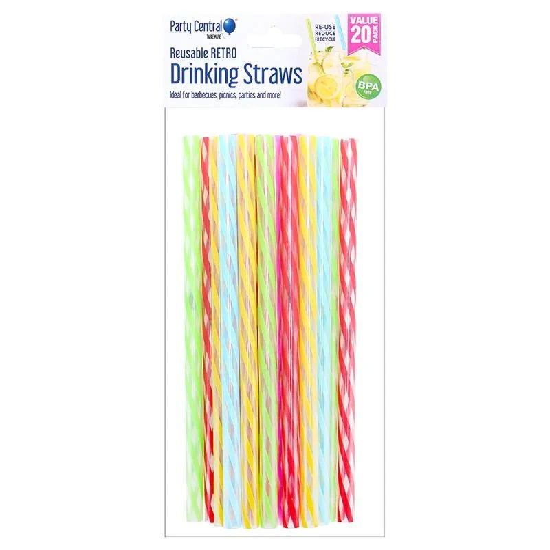 Reusable Retro Stripe Plastic Drinking Straws 20cm 20pcs - Party Owls