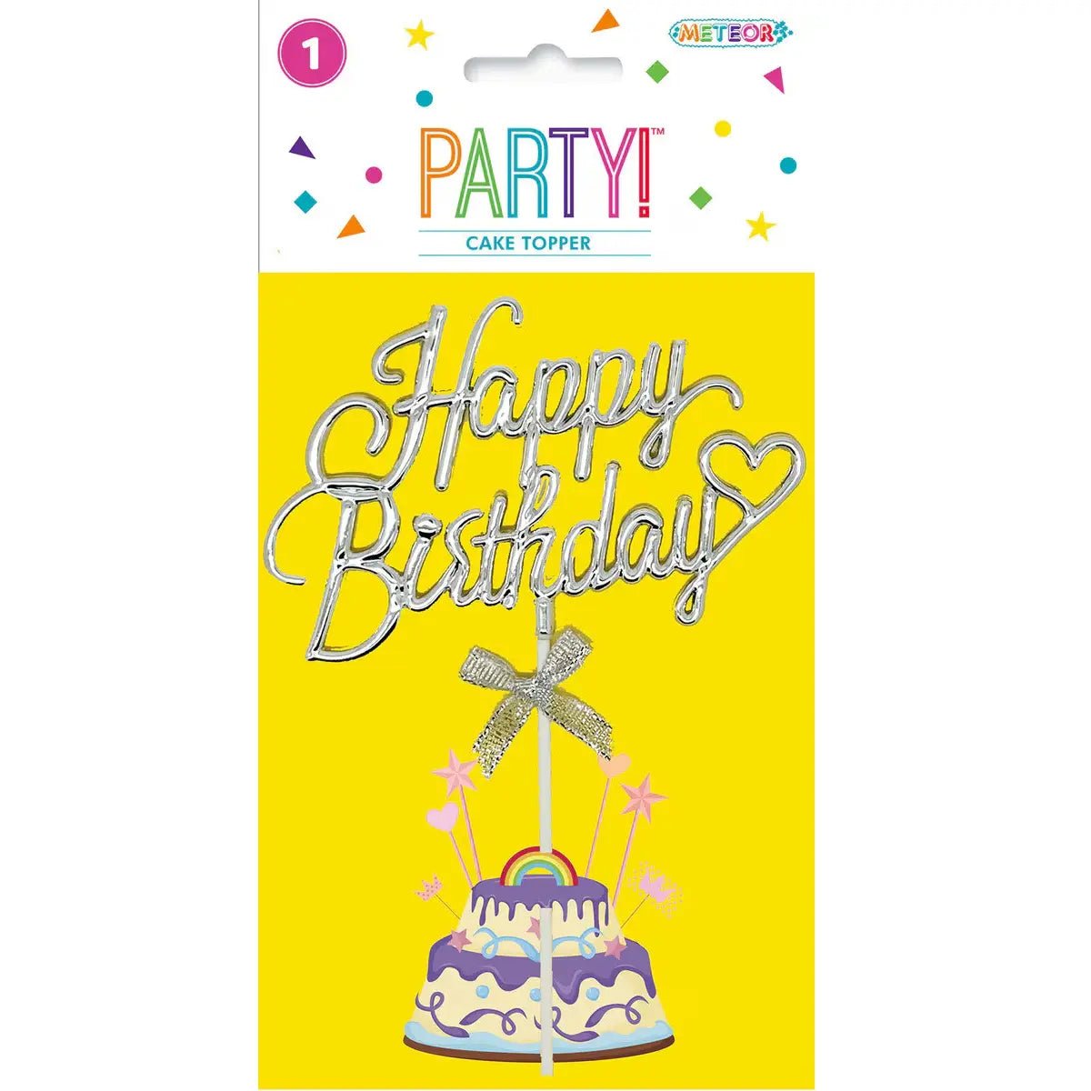 Silver Happy Birthday Cake Topper With Bow 12cm x 20cm - Party Owls