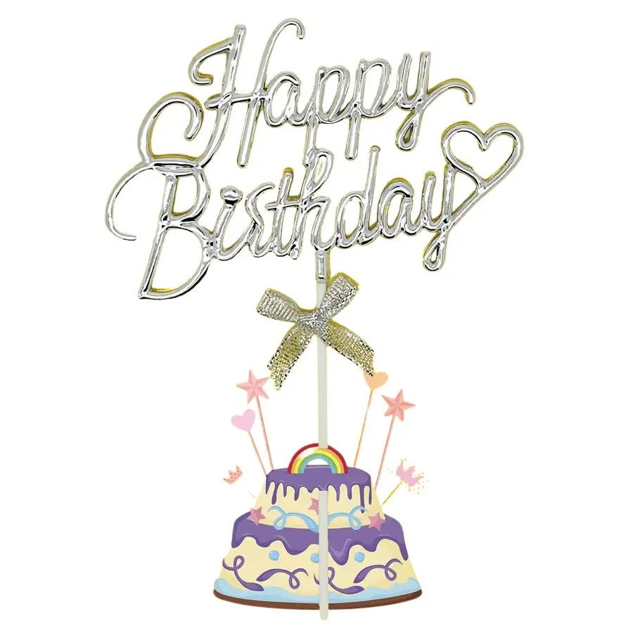 Silver Happy Birthday Cake Topper With Bow 12cm x 20cm - Party Owls