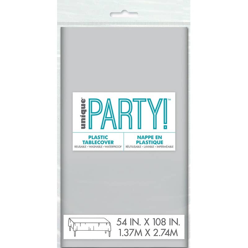 Silver Rectangle Solid Colour Plastic Table Cover 137cm x 274cm - Party Owls
