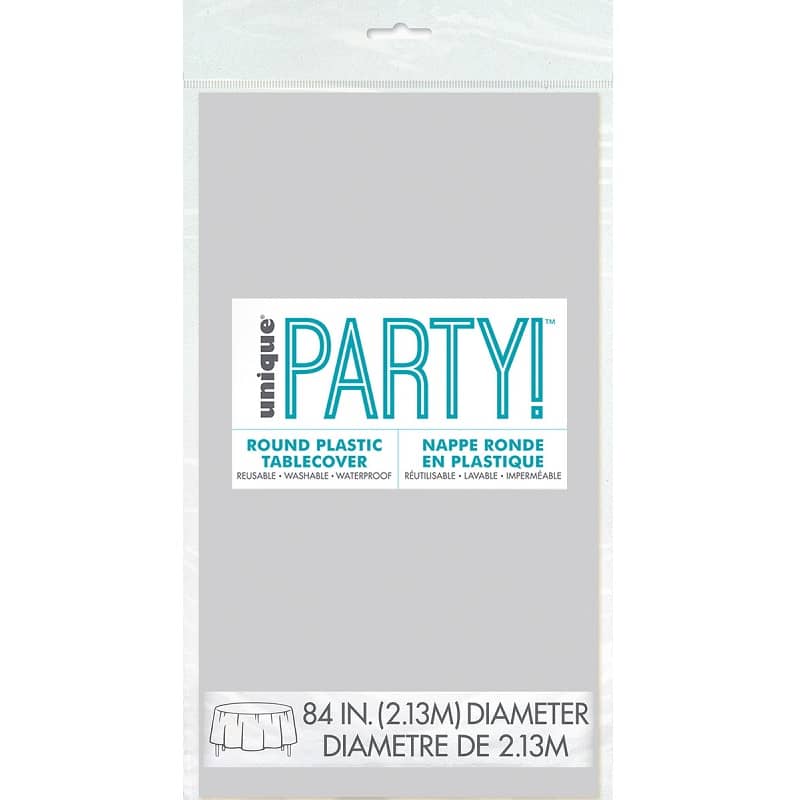Silver Solid Colour Round Plastic Table Cover 213cm (84") - Party Owls