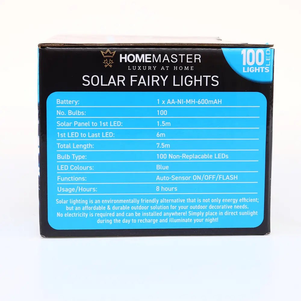 Solar 100 Blue LED Fairy Lights 7.5M Total Length - Party Owls
