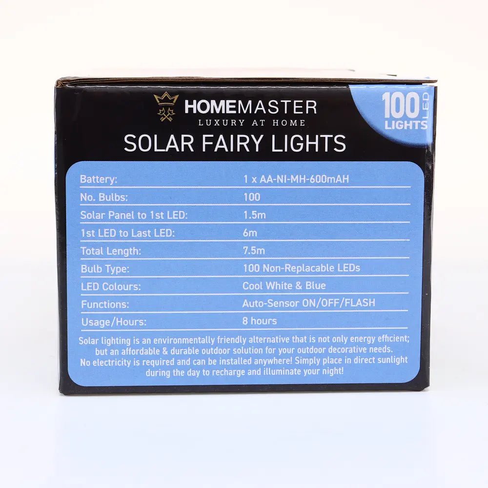 Solar 100 Cool White & Blue LED Fairy Lights 7.5M Total Length - Party Owls