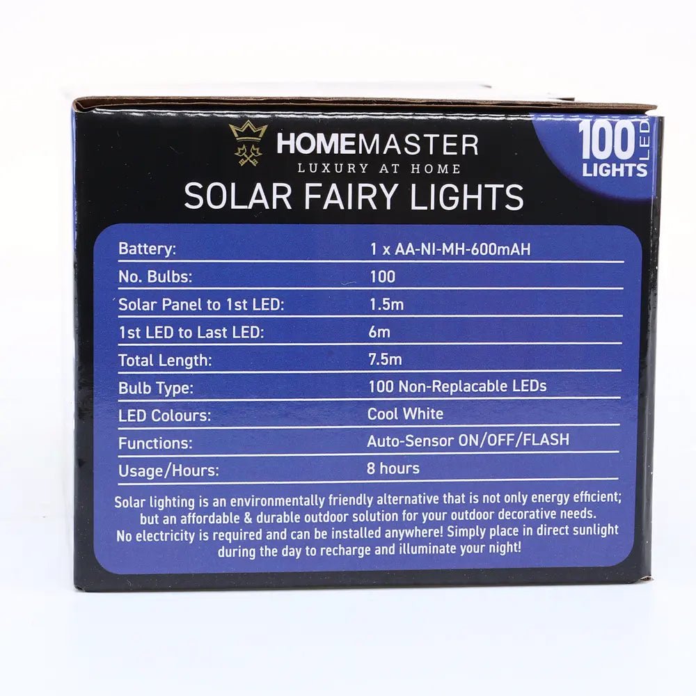 Solar 100 Cool White LED Fairy Lights 7.5M Total Length - Party Owls