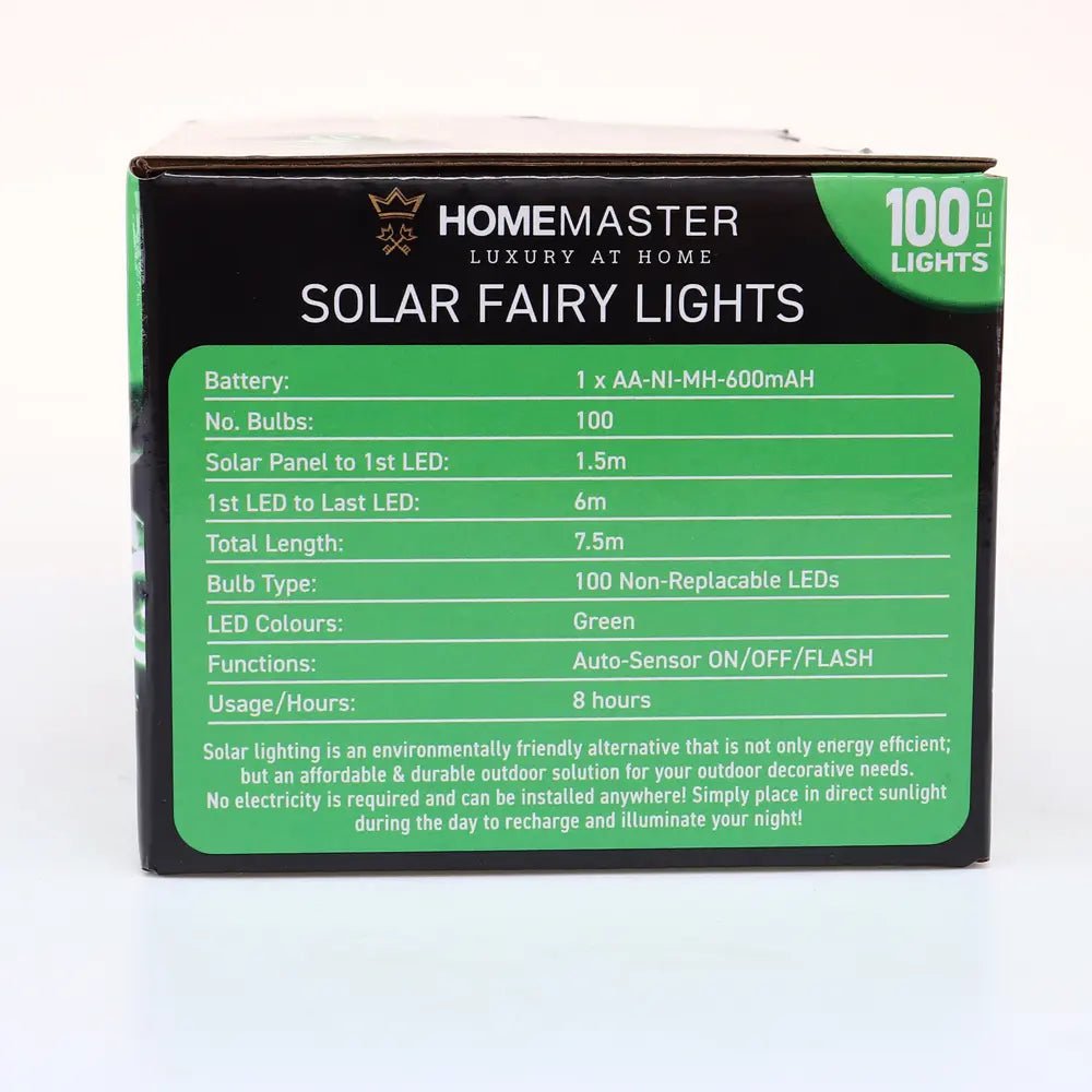 Solar 100 Green LED Fairy Lights 7.5M Total Length - Party Owls