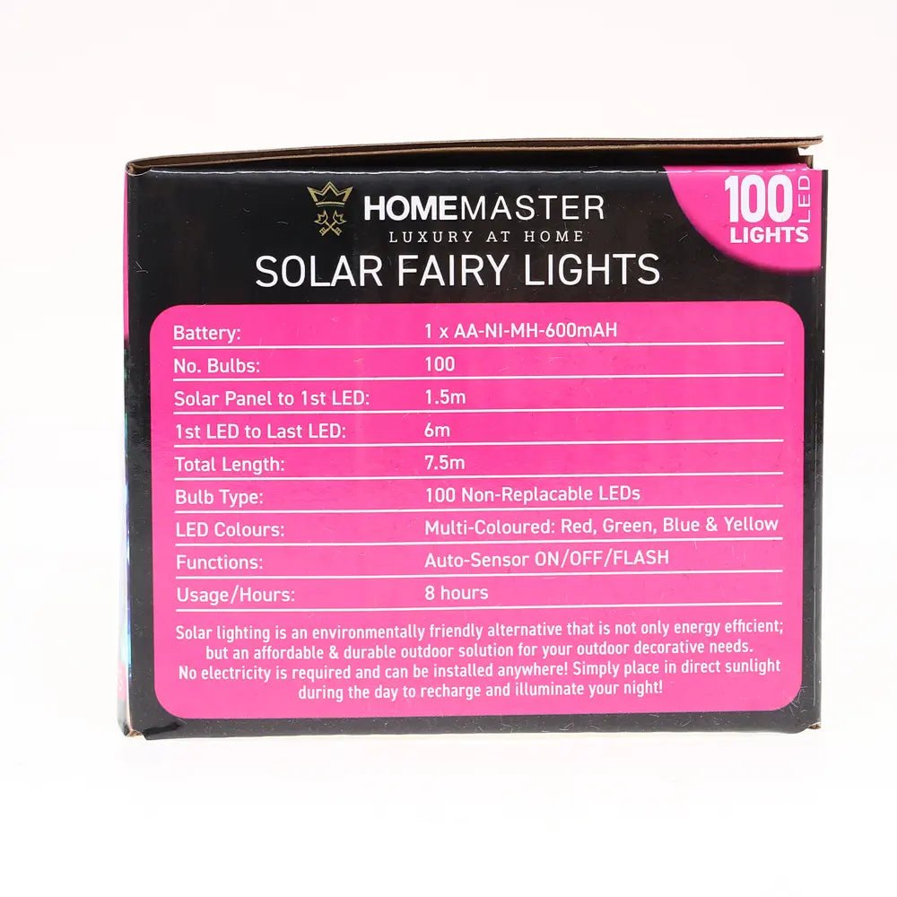Solar 100 Multicolour LED Fairy Lights 7.5M Total Length - Party Owls
