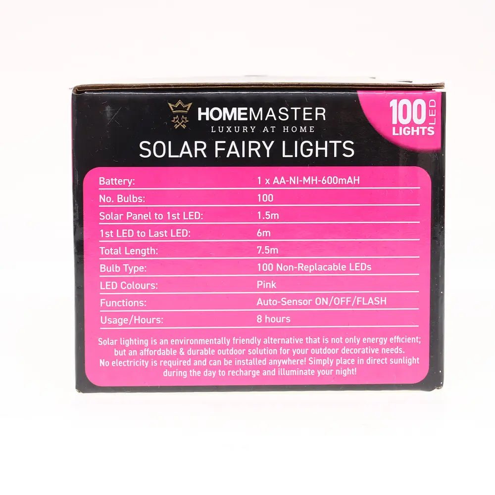 Solar 100 Pink LED Fairy Lights 7.5M Total Length - Party Owls