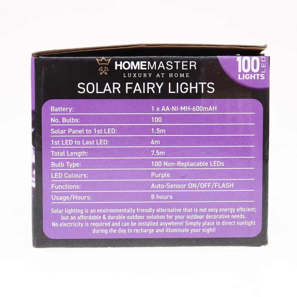 Solar 100 Purple LED Fairy Lights 7.5M Total Length - Party Owls