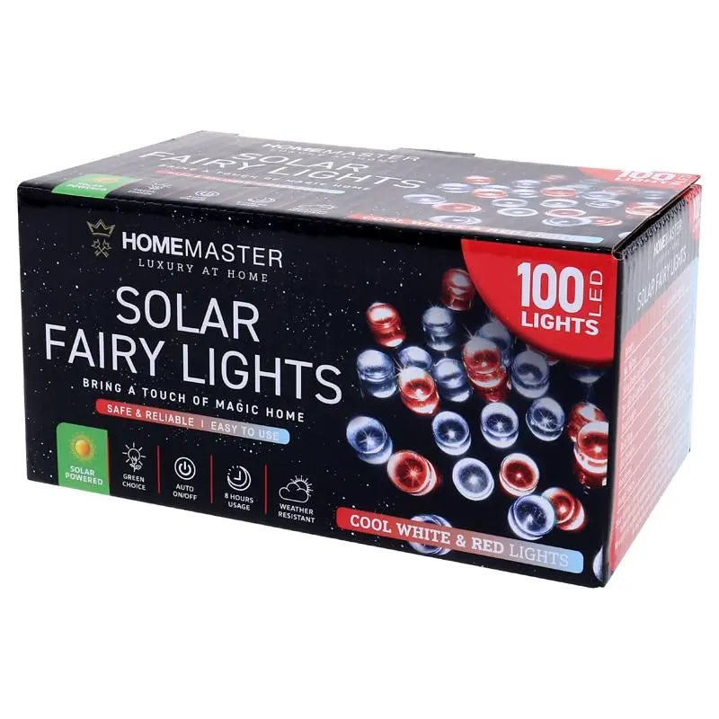 Solar 100 Red & Cool White LED Fairy Lights 7.5M Total Length - Party Owls