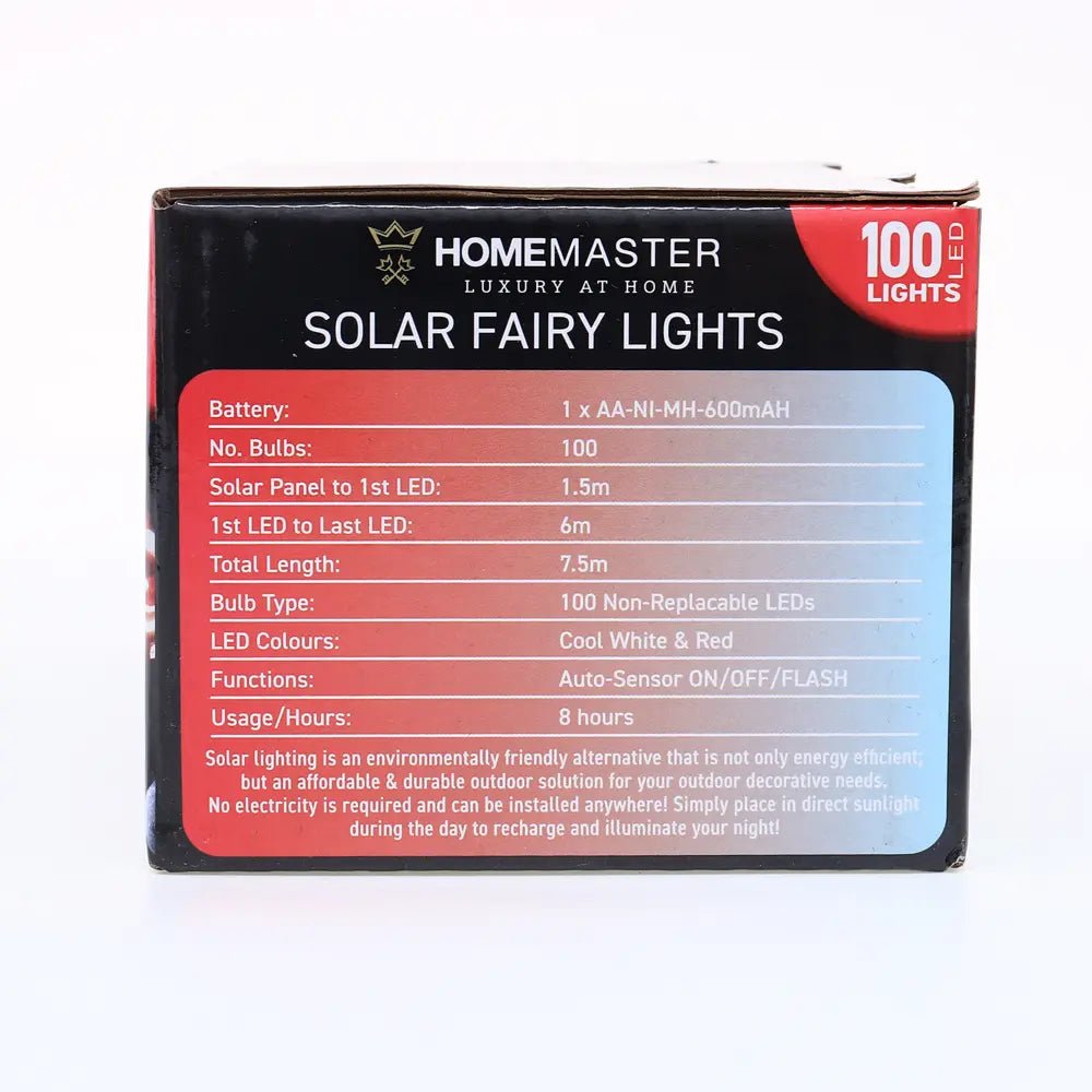 Solar 100 Red & Cool White LED Fairy Lights 7.5M Total Length - Party Owls