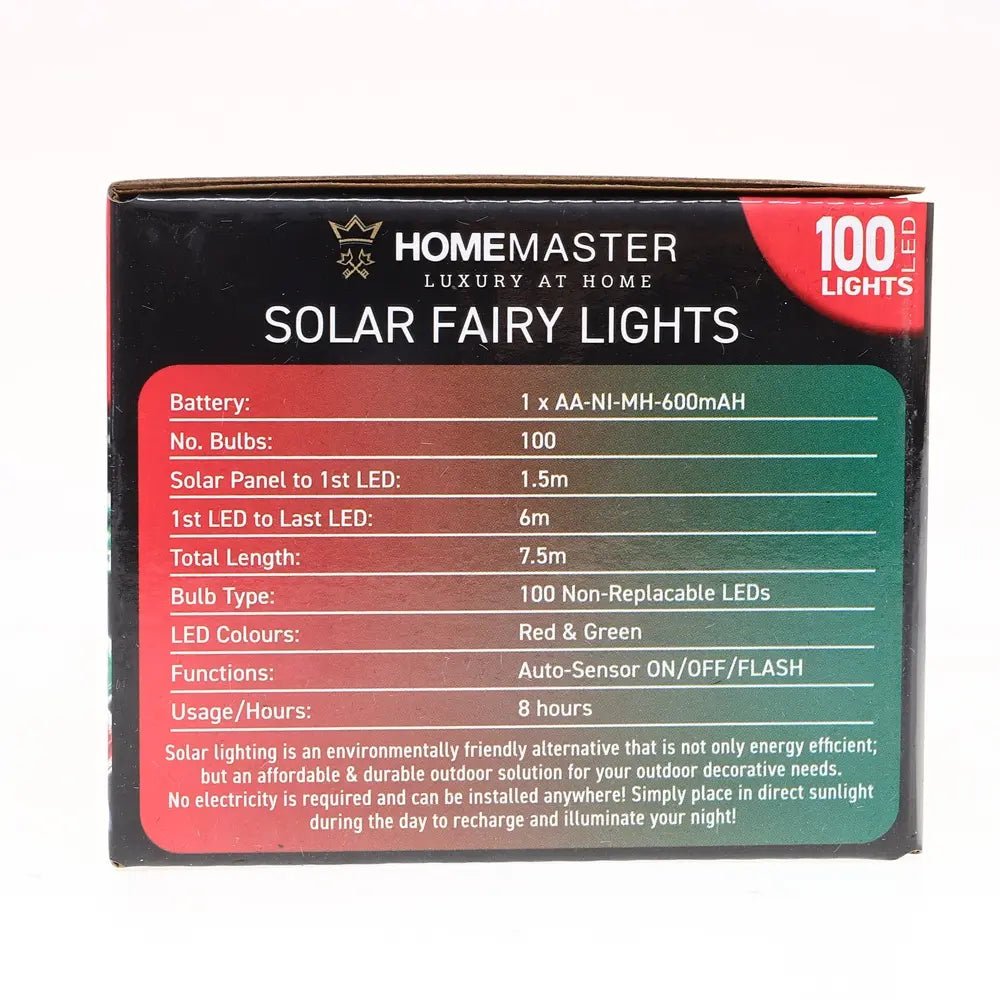 Solar 100 Red & Green LED Fairy Lights 7.5M Total Length - Party Owls