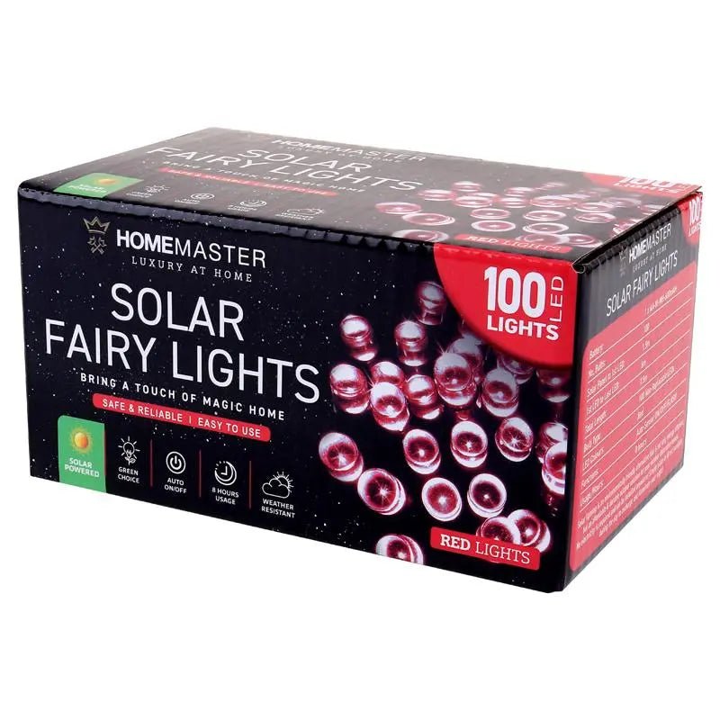 Solar 100 Red LED Fairy Lights 7.5M Total Length - Party Owls