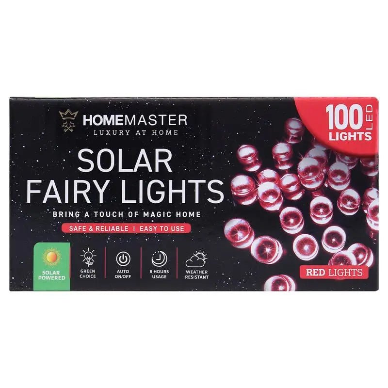 Solar 100 Red LED Fairy Lights 7.5M Total Length - Party Owls