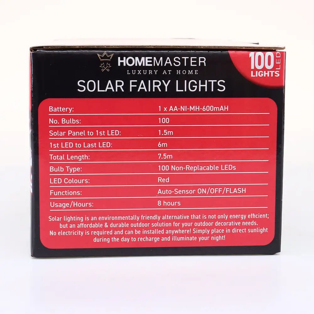 Solar 100 Red LED Fairy Lights 7.5M Total Length - Party Owls