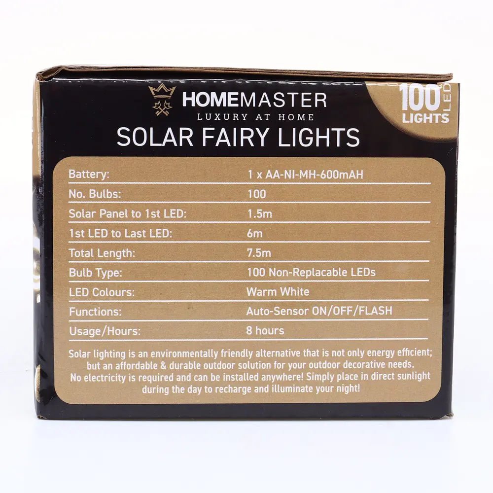Solar 100 Warm White LED Fairy Lights 7.5M Total Length - Party Owls