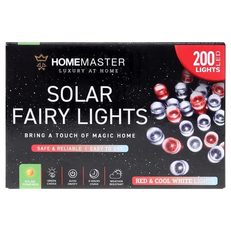 Solar 200 Cool White & Red LED Fairy Lights 13.5M Total Length - Party Owls