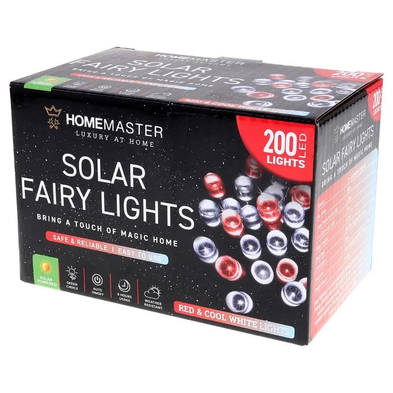 Solar 200 Cool White & Red LED Fairy Lights 13.5M Total Length - Party Owls