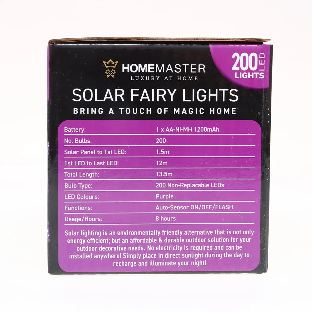 Solar 200 Purple LED Fairy Lights 13.5M Total Length - Party Owls