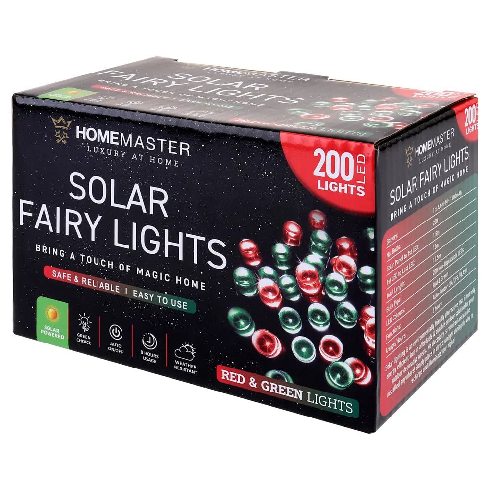 Solar 200 Red & Green LED Fairy Lights 13.5M Total Length - Party Owls