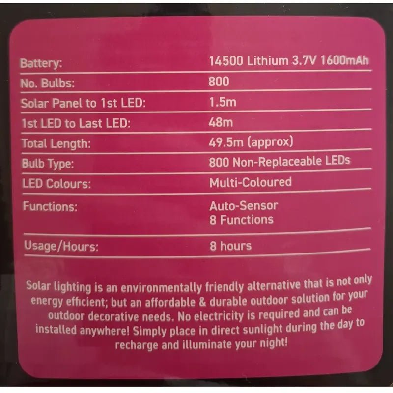 Solar 800 Multicolour LED Fairy Lights 48M Lit Length - Party Owls
