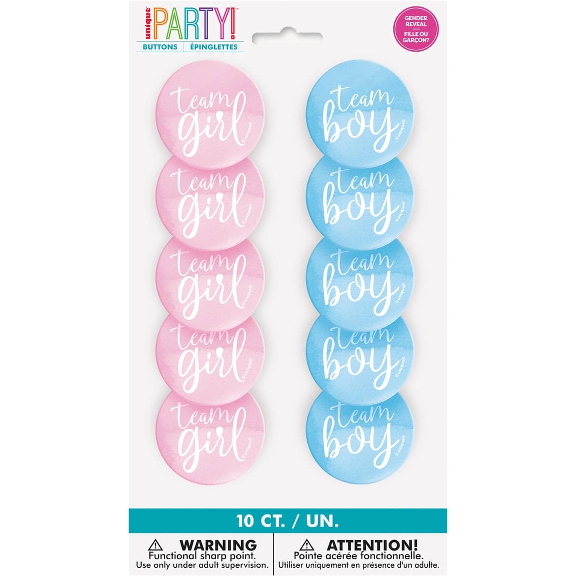 Team Boy Or Girl Gender Reveal Badges 10pk - Party Owls