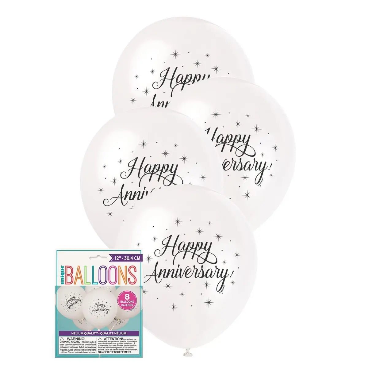 White Happy Anniversary Latex Balloons 30cm (12") 8pk - Party Owls
