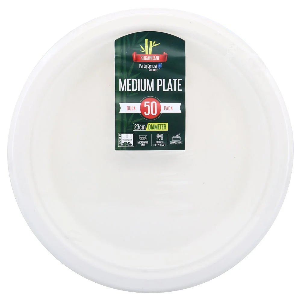 White Large Round Sugarcane Plates 23cm (9") 50pcs - Party Owls