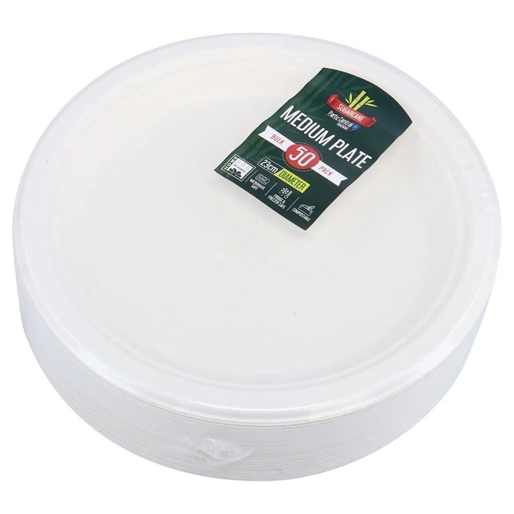 White Large Round Sugarcane Plates 23cm (9") 50pcs - Party Owls