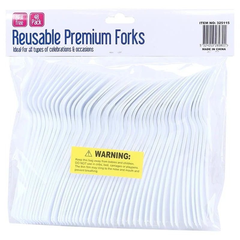 White Premium Plastic Forks 48pcs Reusable - Party Owls