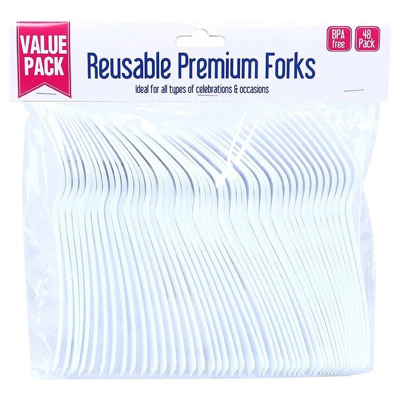 White Premium Plastic Forks 48pcs Reusable - Party Owls