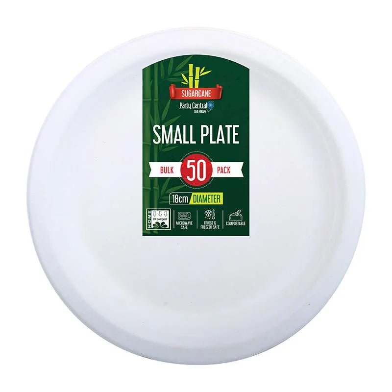 White Small Round Sugarcane Plates 18cm (7") 50pcs - Party Owls