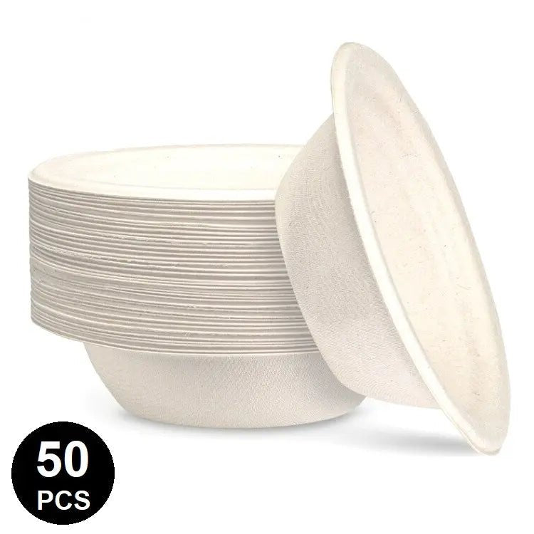 White Sugarcane Medium Bowls 340ml 16cm 50pk - Party Owls