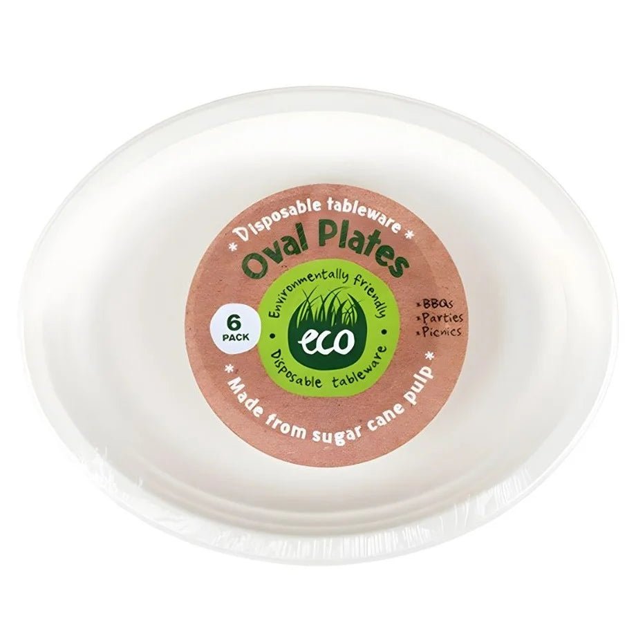 White Sugarcane Oval Plates 30 x 23cm 6pcs Eco Friendly Solid Colour - Party Owls