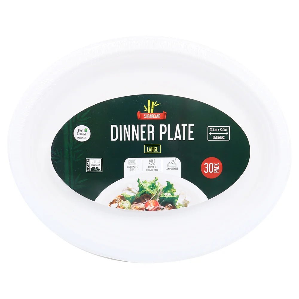 White Sugarcane Oval Plates 31.5 x 25.5cm 30pcs Eco Friendly - Party Owls