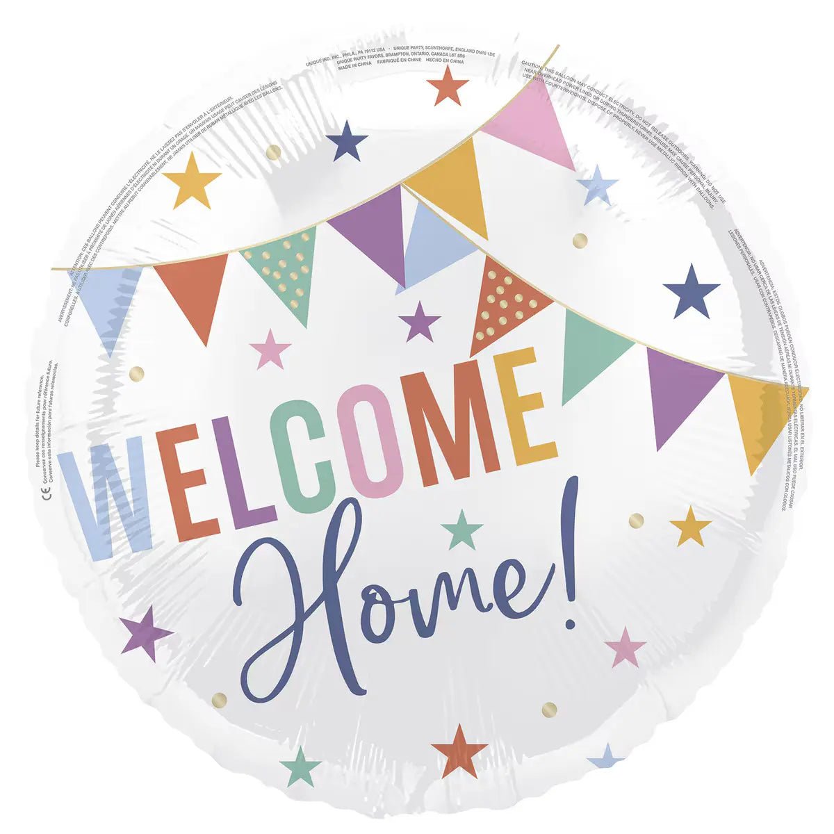 White Welcome Home Foil Balloon 45cm (18") With Bunting Flags & Multicoloured Stars - Party Owls