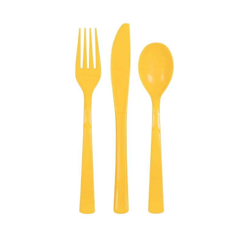 Yellow Solid Colour Plastic Assorted Cutlery 18pk Reusable - Party Owls