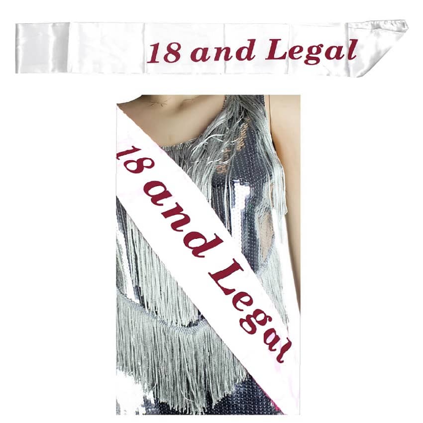 "18 and Legal" 18th Birthday White Red Satin Sash - Party Owls