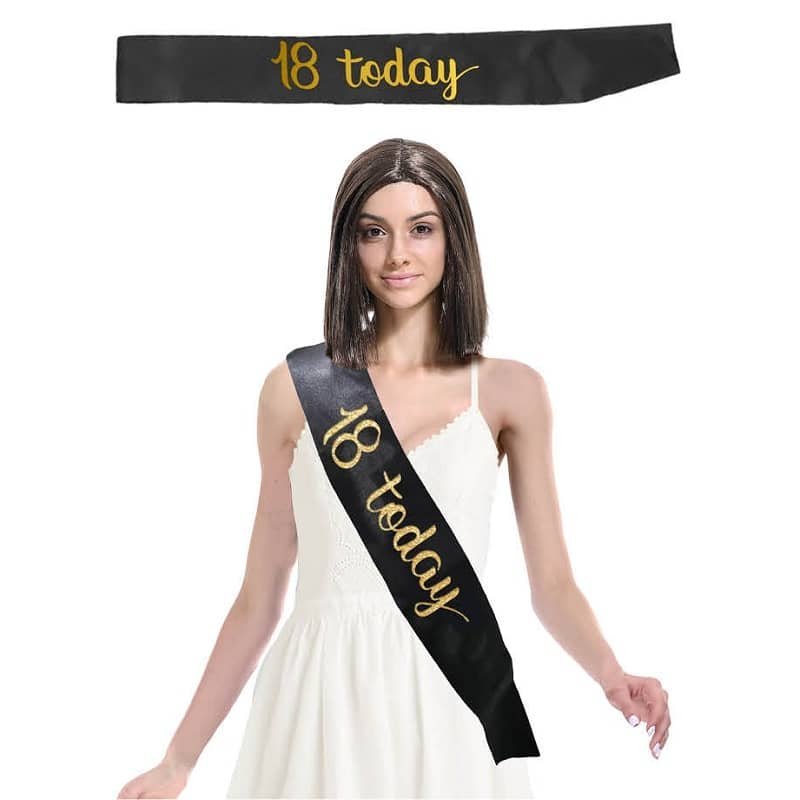 "18 Today" 18th Birthday Black Gold Satin Sash 18123-01 - Party Owls